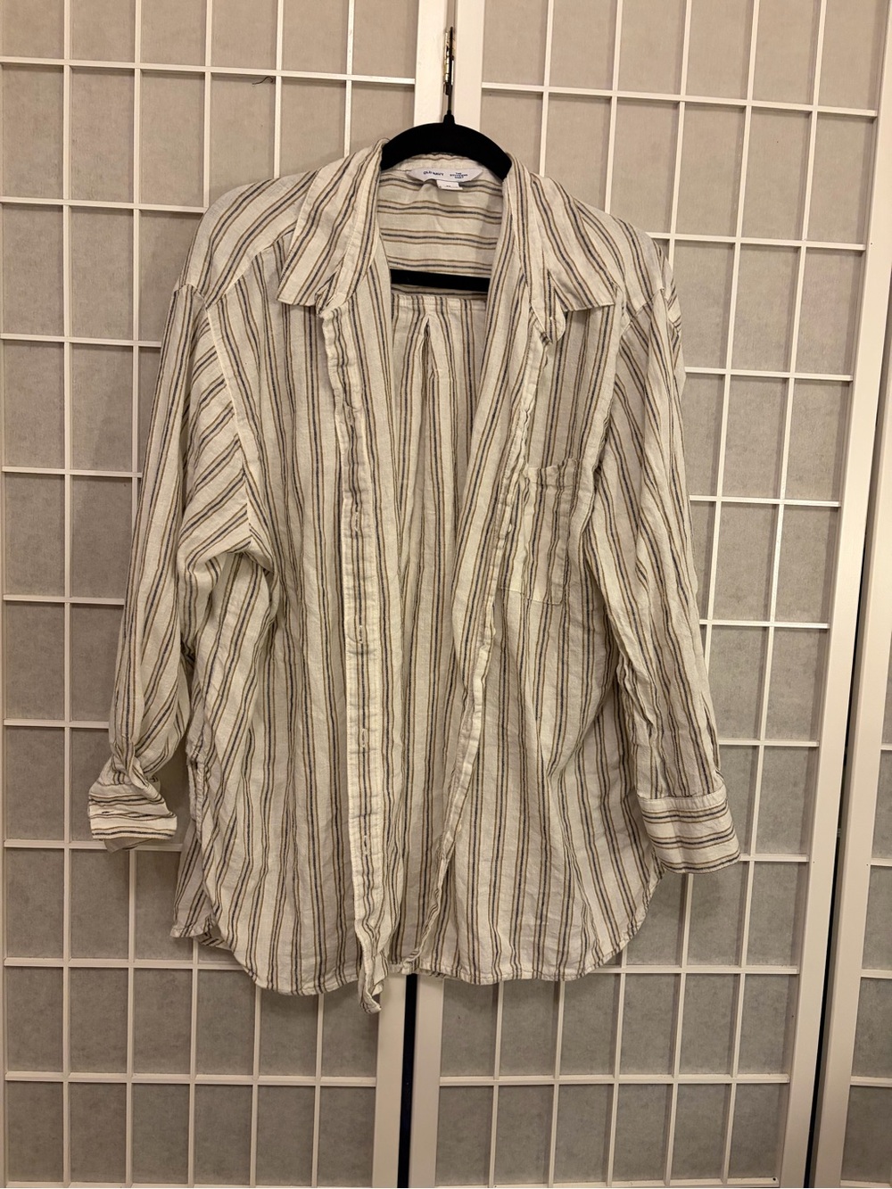 Linen Blend Loose Button Down Neutral Stripe Boyfriend shirt - Picture 9 of 11